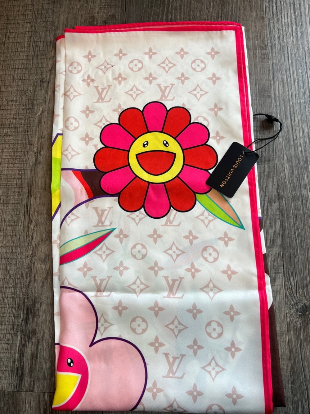 Louis Vuitton Multicolor Floral LV Silk Scarf with Pink Border - Picture 5 of 7